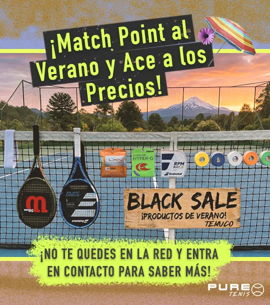 Banner de ofertas Black Sale de verano en Pure Tenis Temuco con descuentos en raquetas, pelotas y equipamiento.