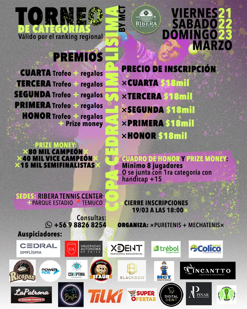 Torneo de categorias copa cedral simplísima, realizado en marzo, en ribera tenis center en la ciudad de temuco