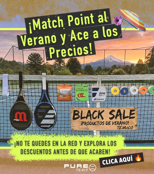 Banner de ofertas Black Sale de verano en Pure Tenis Temuco con descuentos en raquetas, pelotas y equipamiento.