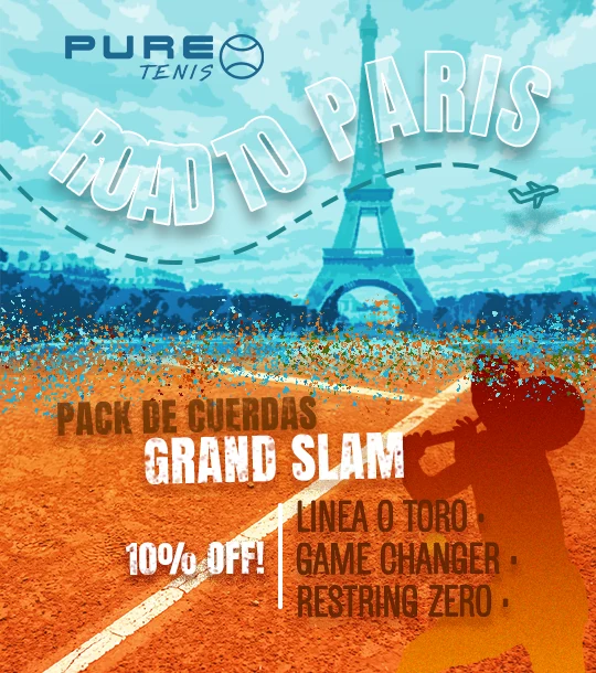 Oferta Pack de Cuerdas Grand Slam de Pure Tenis: 10% de descuento en cuerdas Linea O Toro, Game Changer y Restring Zero con temática Road to Paris.