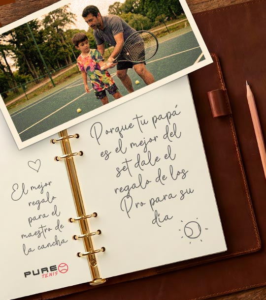 Banner conceptual para el Día del Padre en tienda de tenis Puretenis con libreta de notas y mensaje de regalo.