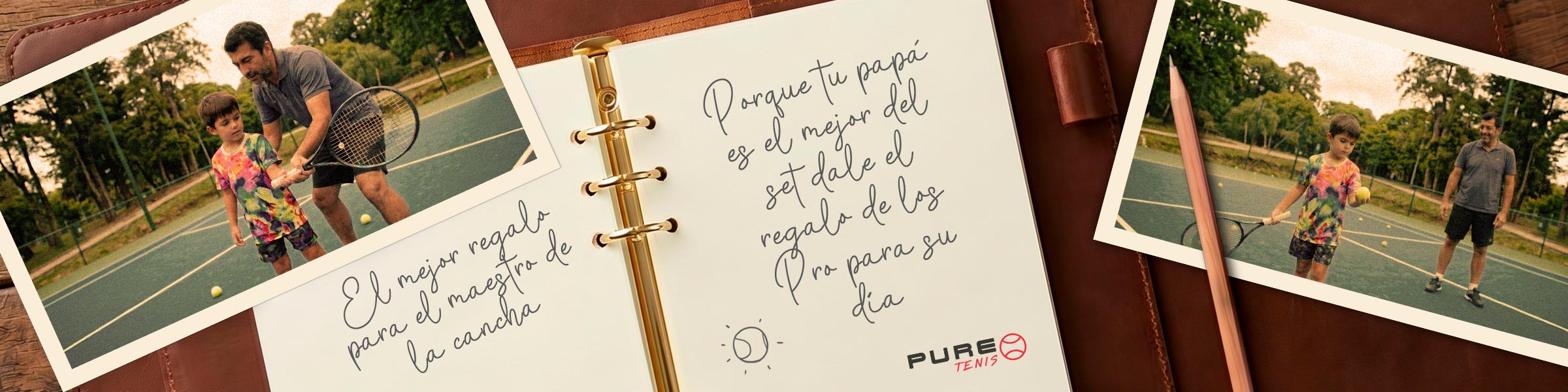 Banner conceptual para el Día del Padre en tienda de tenis Puretenis con libreta de notas y mensaje de regalo.